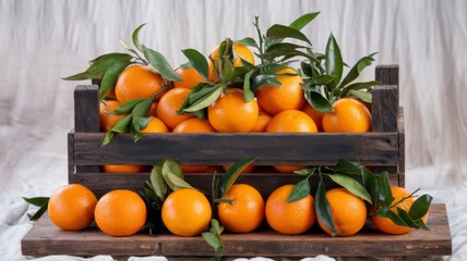 Ripe oranges with leaves in a rustic wooden crate, isolated against a white backdrop