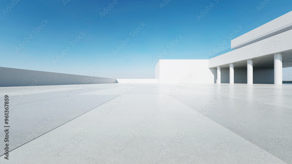 Poster 3d render of abstract modern architecture with empty concrete floor, minimal white exterior, car pre