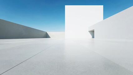 3d render of abstract modern architecture with empty concrete floor, minimal white exterior, car presentation background