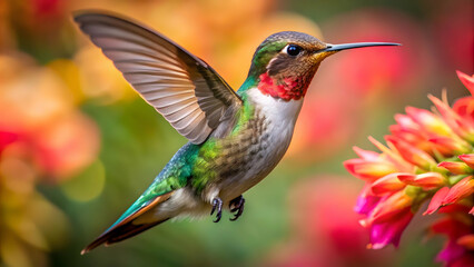 Fototapeta premium Hummingbird in Paradise: A vibrant hummingbird suspended mid-flight, its iridescent feathers catching the light, against a backdrop of vivid, exotic flowers. 