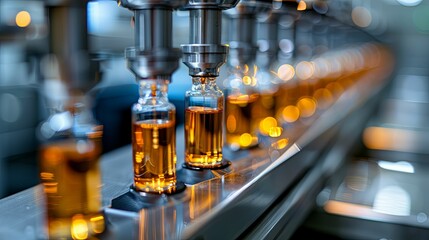 Glass Vials Filled with Liquid on an Automated Production Line