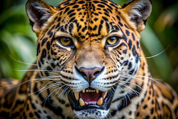 Fototapeta premium Jaguar's Fierce Gaze: A close-up portrait of a majestic jaguar with its mouth agape, revealing sharp teeth and an intense, piercing stare. The animal's powerful presence and captivating gaze are captu