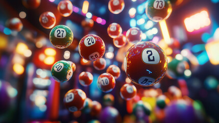 A cascade of bingo balls falling like a colourful waterfall, each ball a beacon of hope and gamble The scene is set against a futuristic, digital casino background, emphasizing