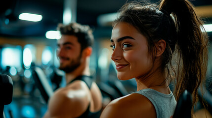 Fototapeta premium Junge Frau im Fitnessstudio, lächelnd und motiviert während des Trainings, Selbstbewusstsein und Vitalität im modernen Lifestyle 