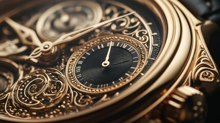 Illustrate a close-up of a gold-plated watch with intricate designs on the face. The watch should be positioned to highlight its luxurious details
