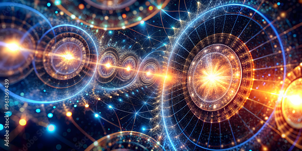 Poster cosmic connection: an abstract representation of interconnectedness, with swirling orbs and radiant 
