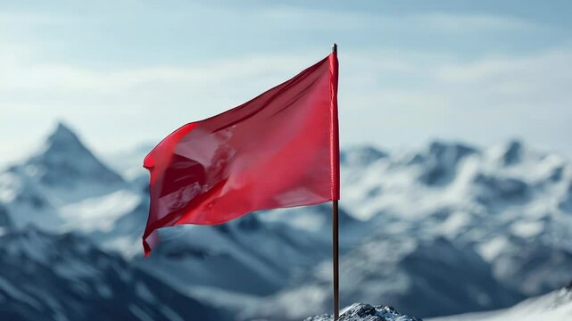 Red Flag on Mountain Peak, a vibrant red flag flutters atop a majestic mountain, with towering peaks surrounding it, symbolizing courage amidst nature's grandeur.