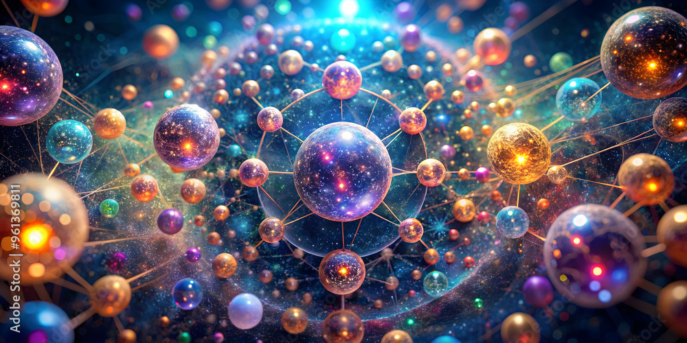 Poster cosmic connection: a mesmerizing abstract digital artwork depicting a network of interconnected sphe