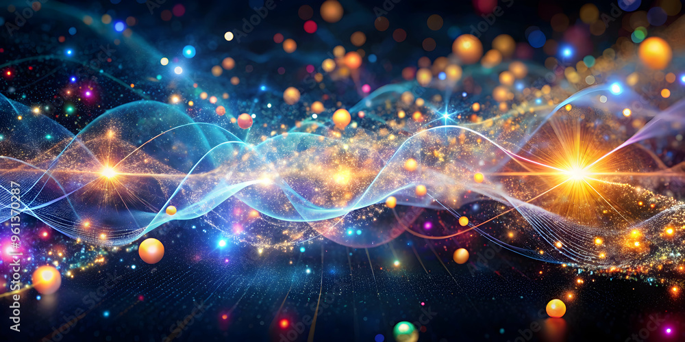 Poster cosmic symphony: a mesmerizing abstract background featuring vibrant, pulsating waves of light and c