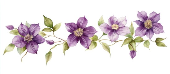 Fototapeta premium Elegant Watercolor Clematis: A Beautiful Display of Purple Flowers and Leafy Vines
