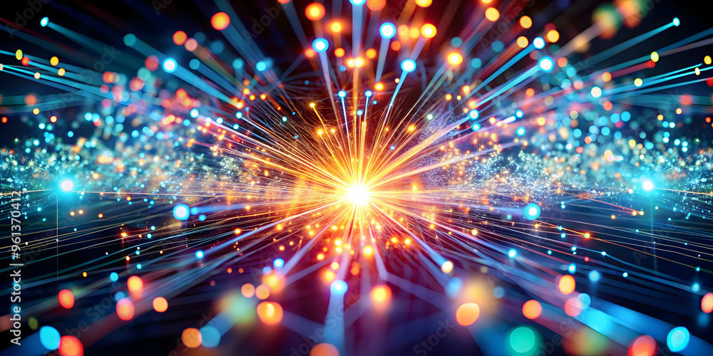 Poster cosmic burst of innovation: a vibrant abstract design showcasing interconnected lines and glowing or