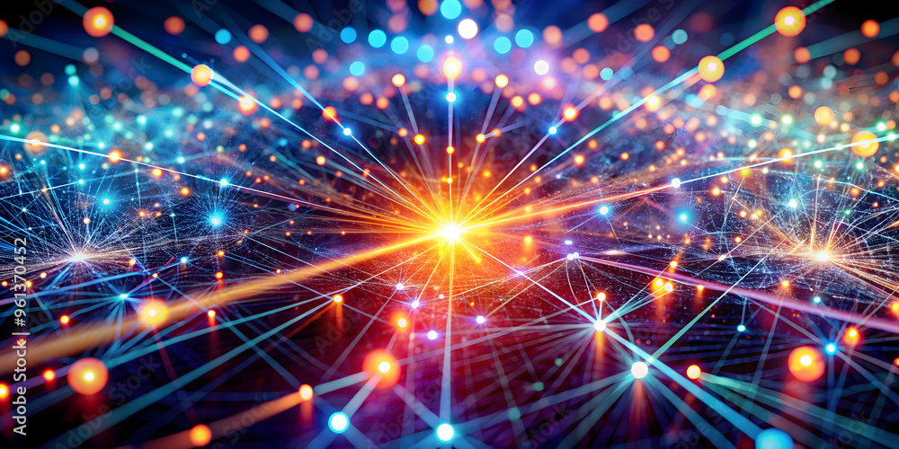 Poster cosmic burst of innovation: a vibrant abstract design showcasing interconnected lines and glowing or