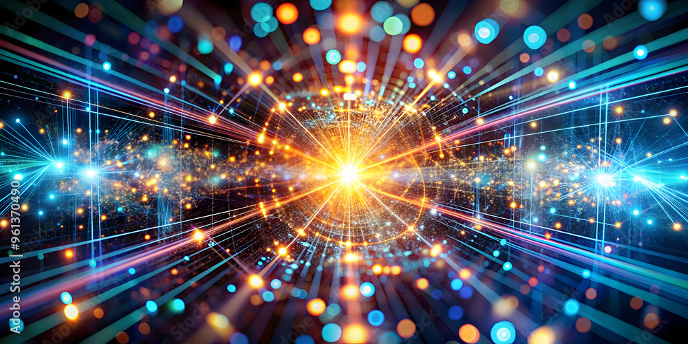 Poster cosmic burst of innovation: a vibrant abstract design showcasing interconnected lines and glowing or