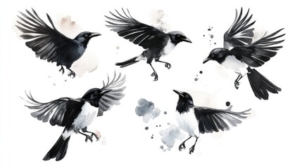 Obraz premium Captivating Watercolor Depiction of Birds in Flight: Artistic Exploration of Avian Movement and Detail