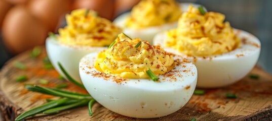 Close Up of Delicious Deviled Eggs Garnished with Paprika and Chives on a Rustic Wooden Board