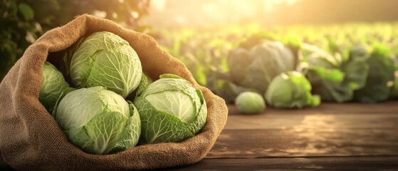 Fresh Cabbages in a Burlap Sack on Wooden Table.