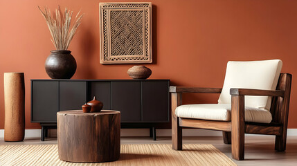 A cozy interior featuring earthy tones, wooden furniture, and decorative elements.