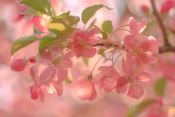 Naklejka premium Pink crabapple blossoms, branches hanging down in the sky, delicate and soft petals, delicate green leaves, sunlight shining, sense of the atmosphere and joyous mood of spring.