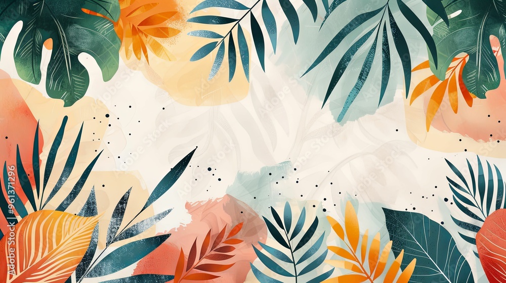 Wall mural abstract tropical leaf and watercolor background