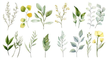 Elegant Watercolor Leaves: A Stunning Collection of Botanical Illustrations in Serene Green Hues