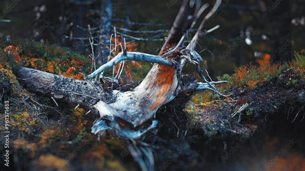 Poster a forest floor in autumn, showing the intricate network of tree roots and stumps surrounded by seaso