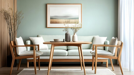 Fototapeta premium A cozy living room featuring a light green sofa, wooden furniture, and minimalist decor.