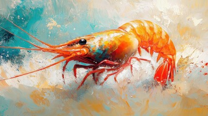 A shrimp depicted in oil painting style, with rich, textured brushstrokes and vibrant colors to capture its natural elegance and texture.