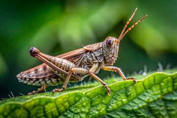 Fototapeta premium Close-up Macro Photography of a Grasshopper on a Leaf: A captivating macro photograph captures the intricate details of a grasshopper perched on a lush green leaf. Its vibrant colors, delicate antenna
