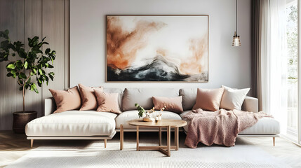 A cozy living room featuring a modern sofa, decorative pillows, and an abstract painting.