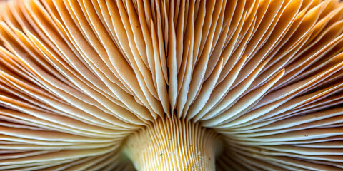 Mushroom Underside Macro: A captivating close-up of a mushroom's underside, revealing intricate gills in a warm, earthy tone, inviting viewers into the hidden world of nature's wonders. 