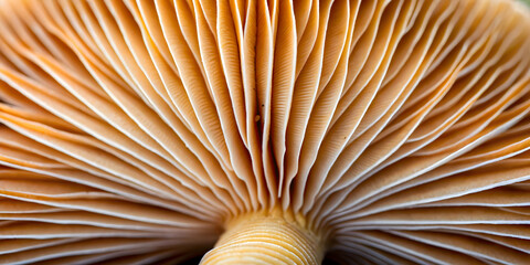 Mushroom Underside Macro: A captivating close-up of a mushroom's underside, revealing intricate gills in a warm, earthy tone, inviting viewers into the hidden world of nature's wonders. 