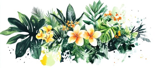 Vibrant Watercolor Floral Composition Featuring Exotic Tropical Plants and Flowers