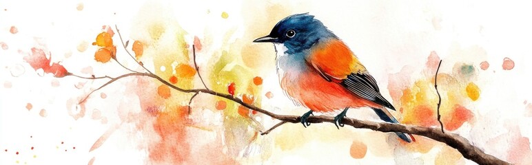 Vibrant Watercolor Bird Perched on Branch: A Celebration of Nature's Colors