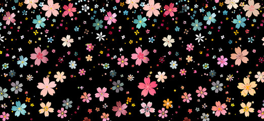  pattern of tiny, colorful flowers are scattered across the canvas in an aesthetically pleasing arrangement on a black background, make for a charming and whimsical aesthetic