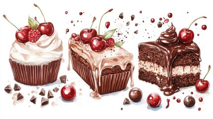 Indulge in Delightful Desserts: A Tempting Trio of Chocolate Cake and Cupcakes with Fresh Berries