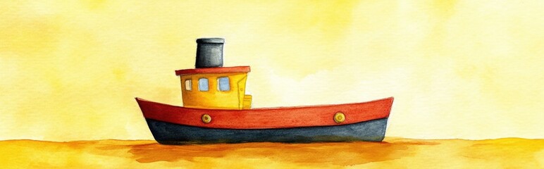 Naklejka premium Vibrant Watercolor Tugboat on Yellow Background: A Nautical Art Journey