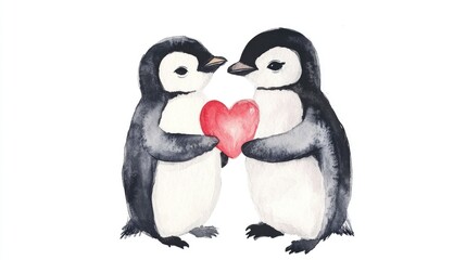 Fototapeta premium Adorable Penguins Holding a Heart - A Charming Watercolor Illustration of Love in Nature