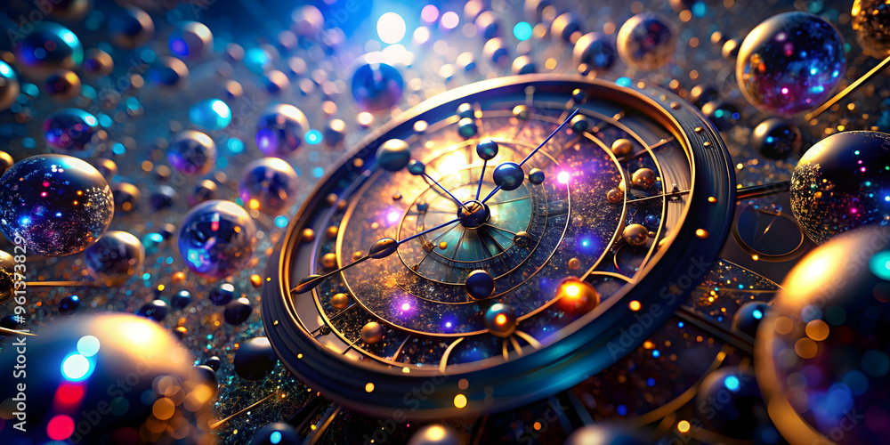 Poster timeless cosmic clock: a surreal and mesmerizing 3d rendering of a clock face embedded within a swir