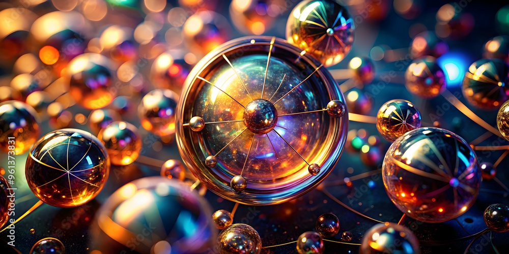Poster golden sphere abstract: an abstract 3d rendering featuring golden spheres with intricate details, co