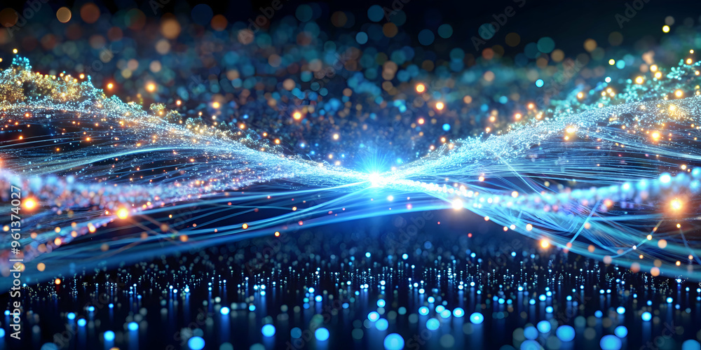 Poster digital network: a mesmerizing abstract illustration, featuring a vibrant blue and gold network of i
