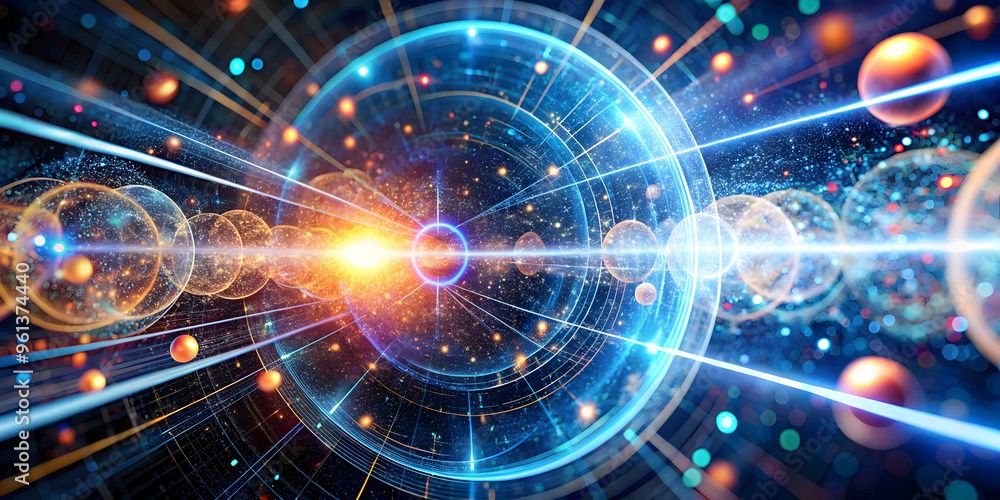 Poster quantum crossroads: a mesmerizing vortex of energy and light, where subatomic particles collide in a