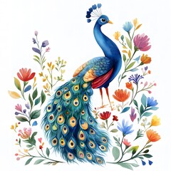 Bright and fun peacock with flower tail illustration for kids' room.