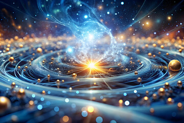 Cosmic Symphony: A mesmerizing abstract artwork depicting a vibrant, swirling nebula with glowing orbs and ethereal lines. The image evokes a sense of wonder, mystery