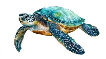 Vibrant Watercolor of a Sea Turtle Gliding Through Crystal Clear Waters