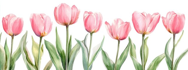 Fototapeta premium Beautiful Watercolor Pink Tulips in Bloom - A Floral Delight for Nature Lovers