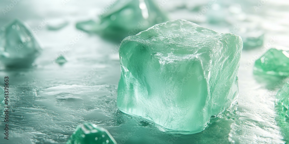 Poster close-up of a large ice cube on a frosty surface.