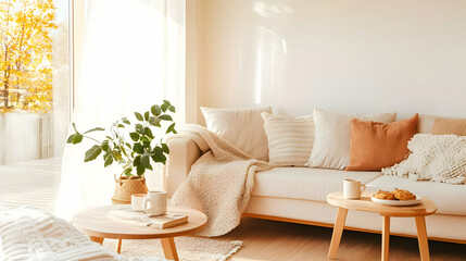 A cozy living room with soft furnishings, plants, and a warm atmosphere.