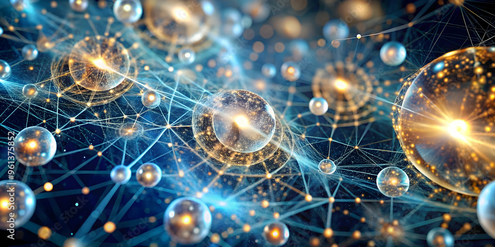 Poster interconnected network: abstract 3d render of glowing spheres connected by lines, representing the c