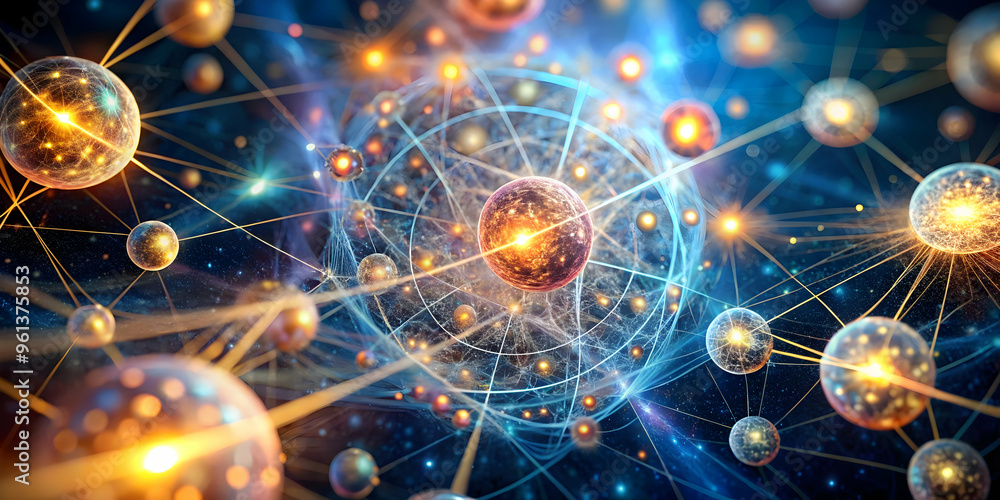 Poster atomic bonds: a dazzling, abstract 3d rendering of an atom, with glowing orbs representing electrons