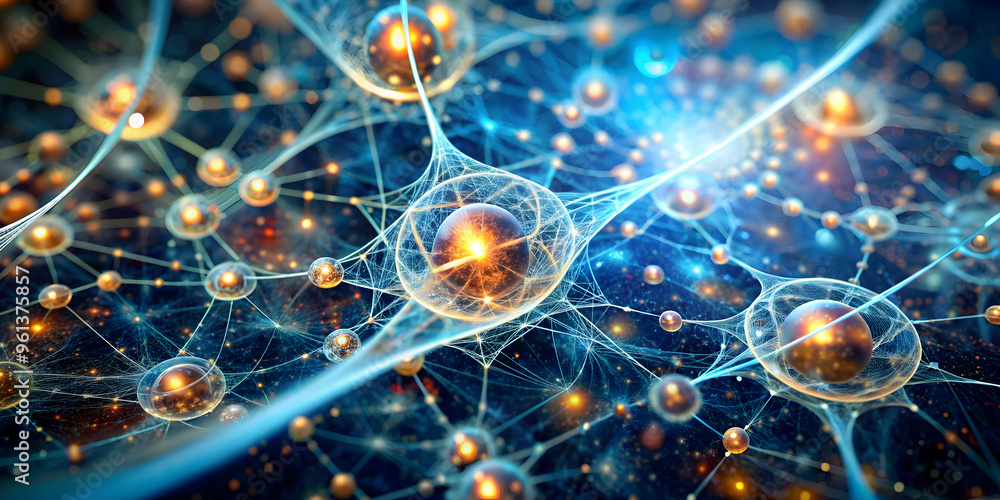Poster cosmic web: a mesmerizing abstract image depicting a intricate network of glowing spheres interconne